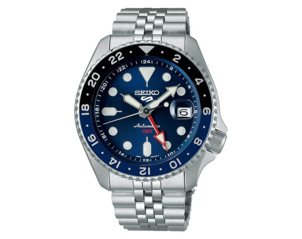Seiko 5 Sports 'Blueberry' GMT 42.5mm Blue Dial Steel Bracelet Watch - SSK003K1
